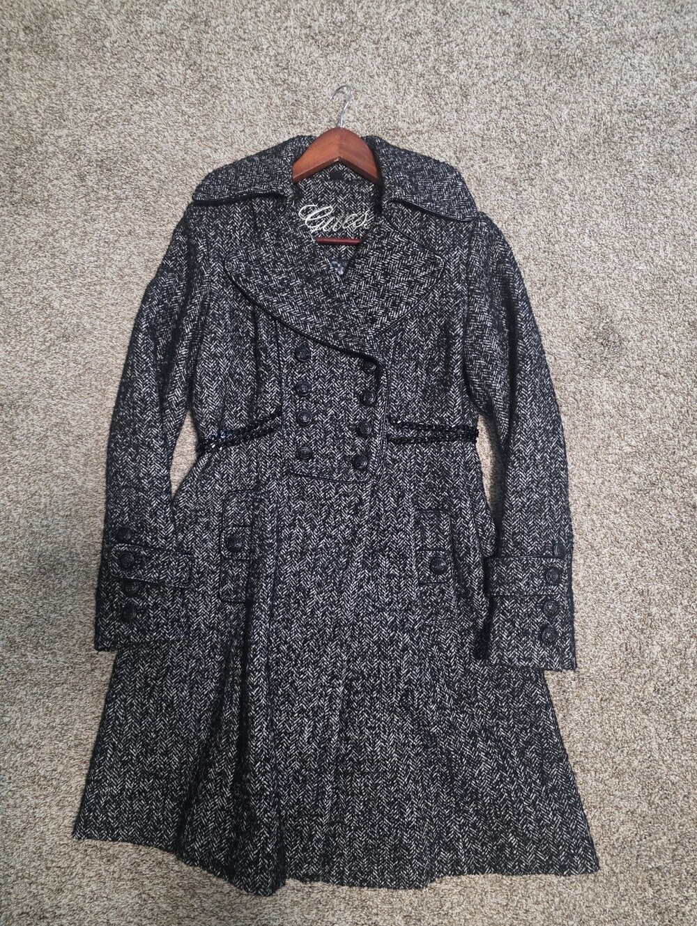 GUESS Black & White Tweed Double-Breasted Pea Coat